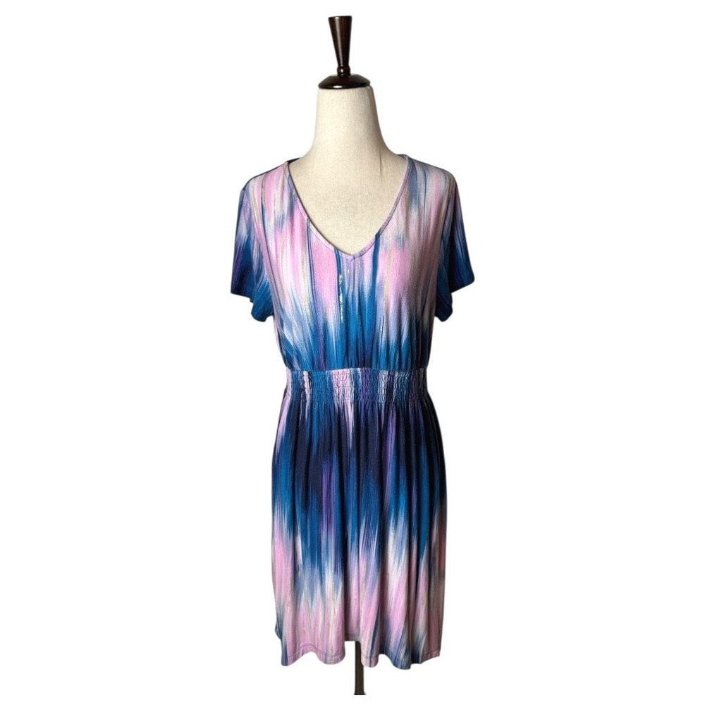 Soma Nightgown Women Medium Blue Pink Tie Dye‎ V Neck Smocked Waist Sleep Shirt